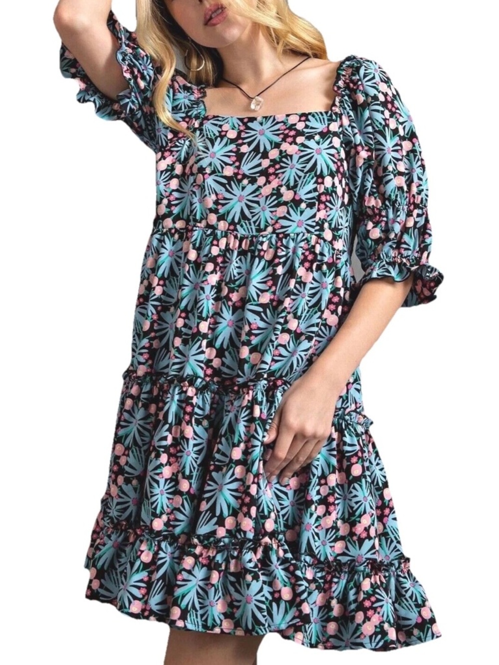 Easel Floral Puff Sleeve Tiered Mini Dress | Size Large